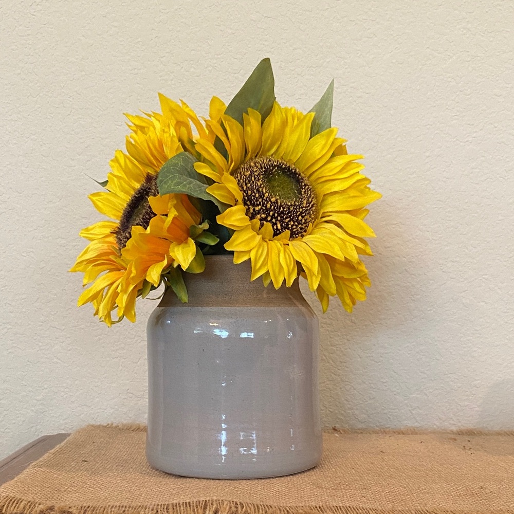 Yellow Sunflower Artificial Arrangement in Neutral Ceramic Crock Vase